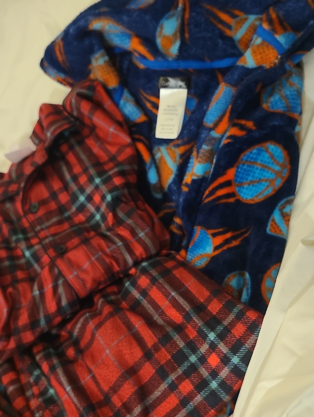 Boy Size 12  Red Plaid and Navy Basketball Hooded Pajama Set